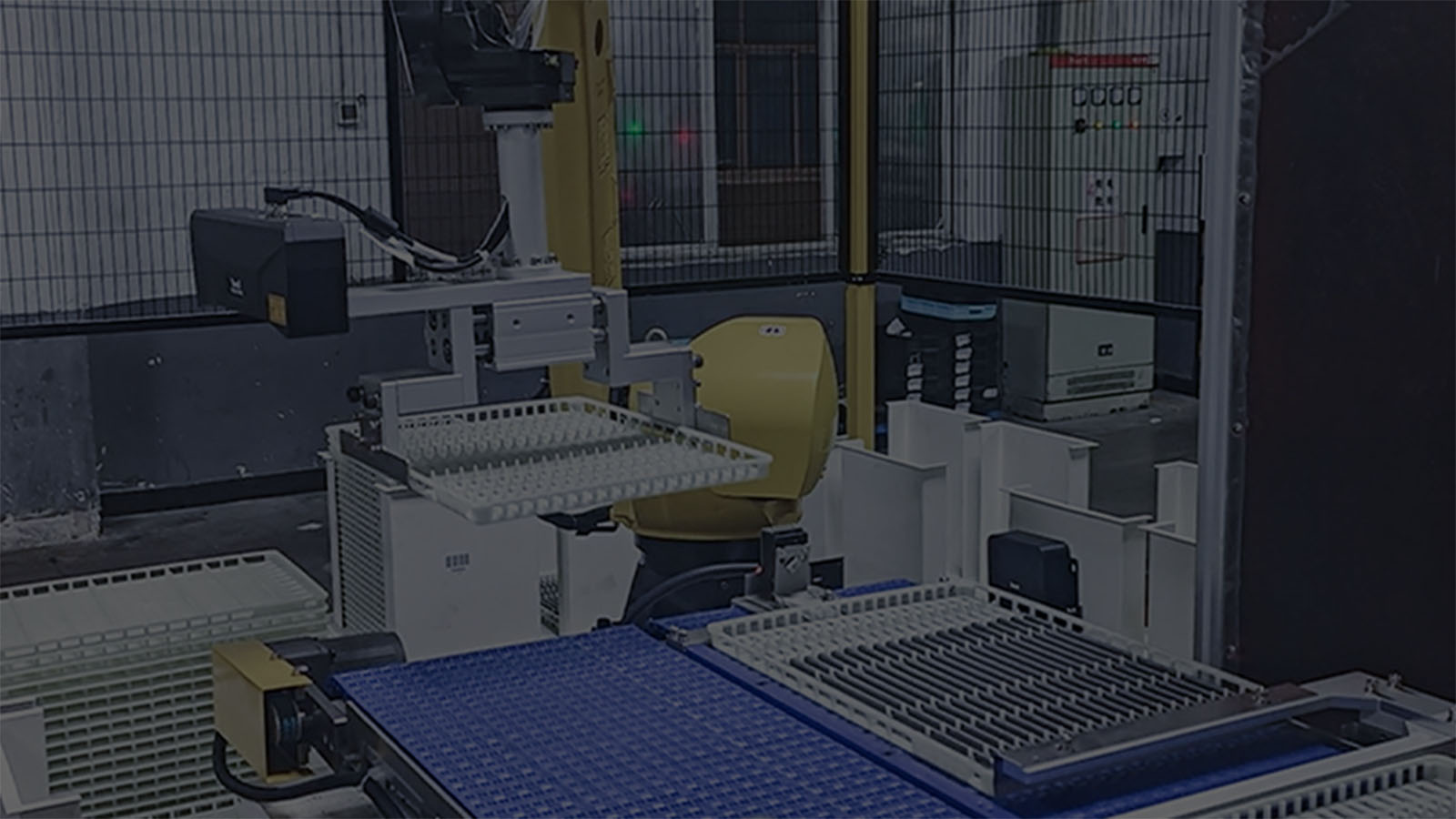 Depalettierung und Entladung semitransparenter Kunststofftrays